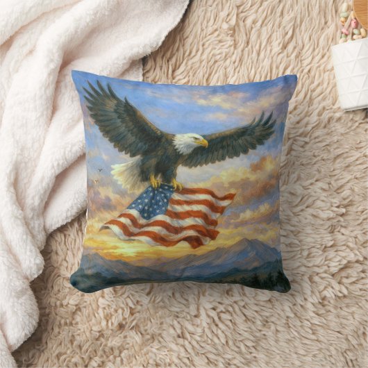 Bald Eagle Flying With American Flag クッション (ブランケット)