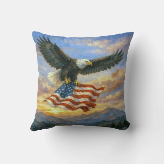 Bald Eagle Flying With American Flag クッション (裏面)