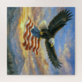 Bald Eagle Flying With American Flag ジグソーパズル (横)