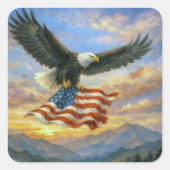 Bald Eagle Flying With American Flag スクエアシール (正面)