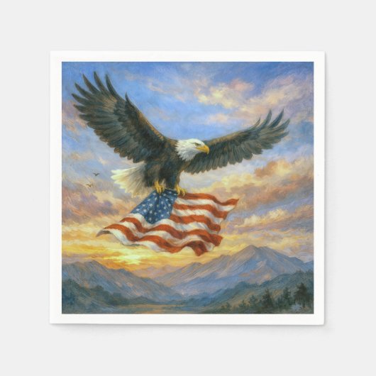 Bald Eagle Flying With American Flag スタンダードカクテルナプキン (正面)