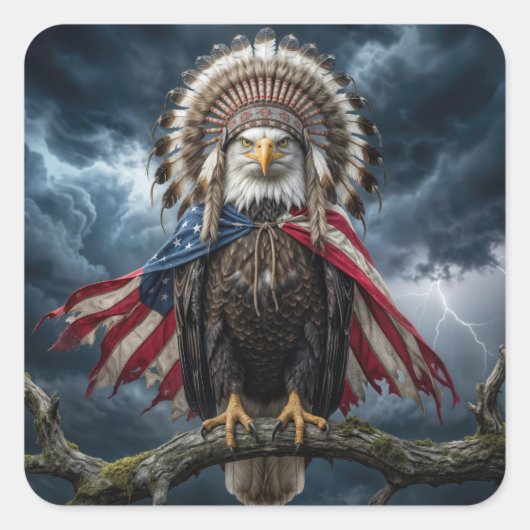Bald Eagle With American Flag Cape and Headdress スクエアシール (正面)