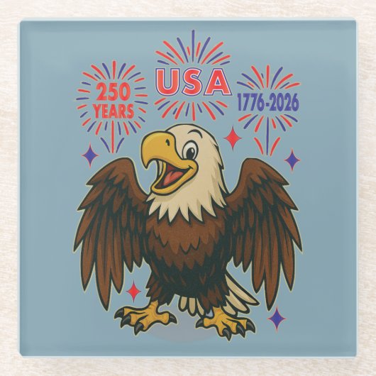 Bald Eagle with Fireworks- USA 250年1776-2026 ガラスコースター (正面)