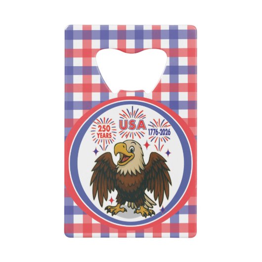 Bald Eagle with Fireworks- USA 250年1776-2026 クレジットカード栓抜き (正面)