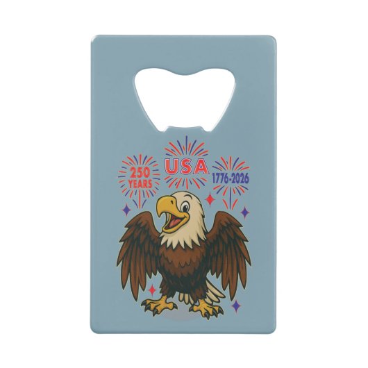 Bald Eagle with Fireworks- USA 250年1776-2026 クレジットカード栓抜き (正面)