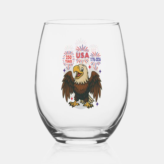 Bald Eagle with Fireworks- USA 250年1776-2026 ステムなしワイングラス (正面)