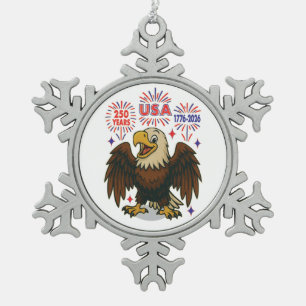 Bald Eagle with Fireworks- USA 250年1776-2026 スノーフレークピューターオーナメント