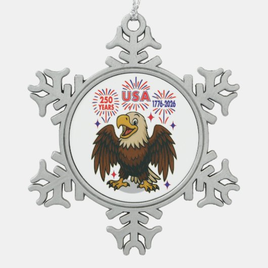 Bald Eagle with Fireworks- USA 250年1776-2026 スノーフレークピューターオーナメント (正面)