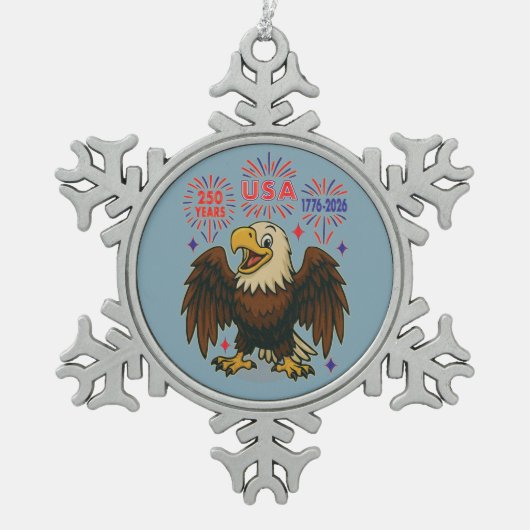 Bald Eagle with Fireworks- USA 250年1776-2026 スノーフレークピューターオーナメント (正面)