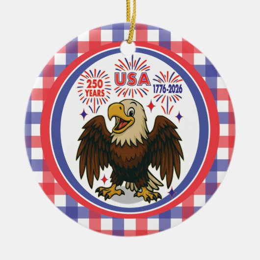 Bald Eagle with Fireworks- USA 250年1776-2026 セラミックオーナメント (正面)