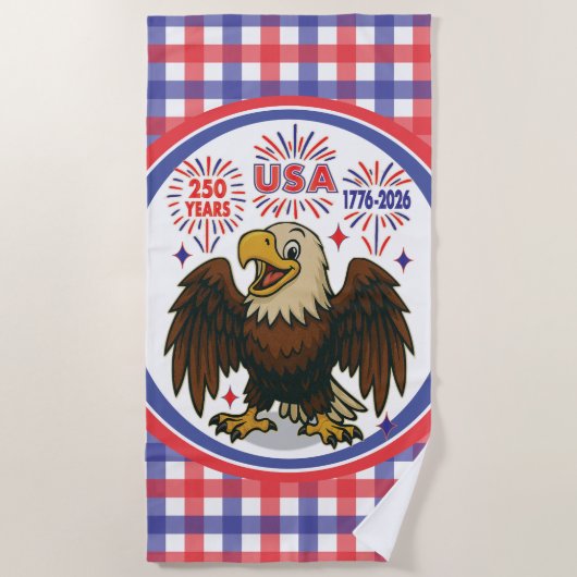 Bald Eagle with Fireworks- USA 250年1776-2026 ビーチタオル (正面)