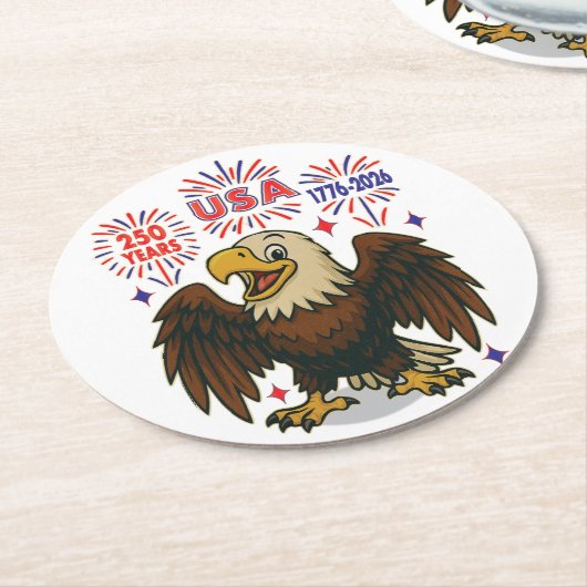 Bald Eagle with Fireworks- USA 250年1776-2026 ラウンドペーパーコースター (アングル)