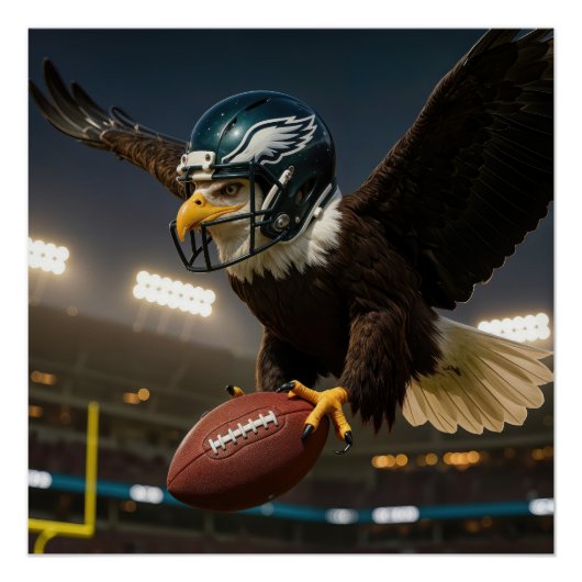 Bald Eagle With Football and Helmet In Stadium ポスター (正面)