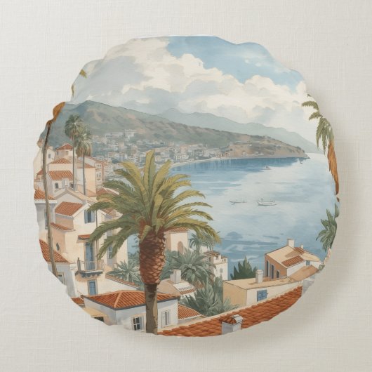 Balearic Islands Vintage French Travel ラウンドクッション (正面)