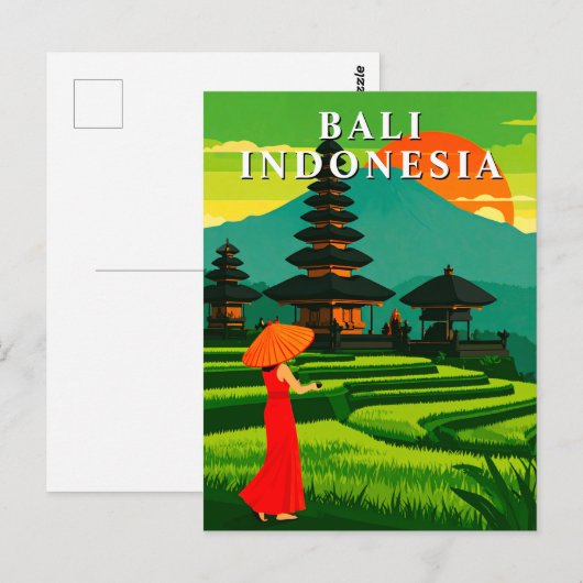 Bali Indonesia Sunset Temple Rice Fields ポストカード (正面/裏面)