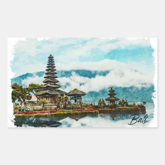 Bali Indonesia Temple Watercolor Painting 長方形シール (正面)