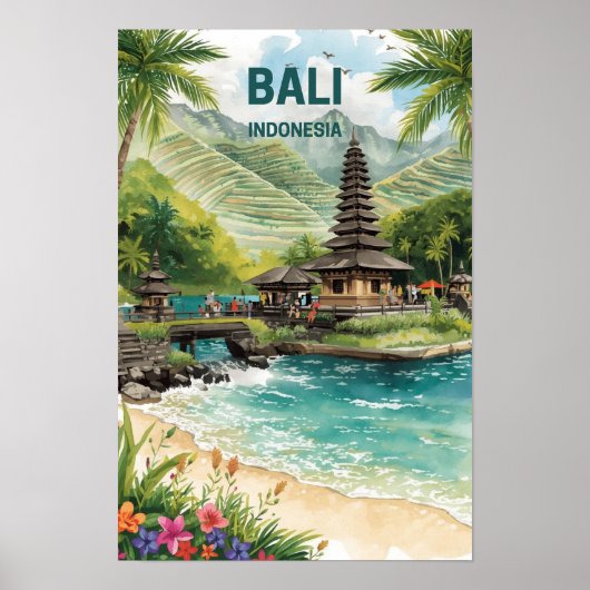 Bali Indonesia Watercolor Travel Tropical ポスター (正面)