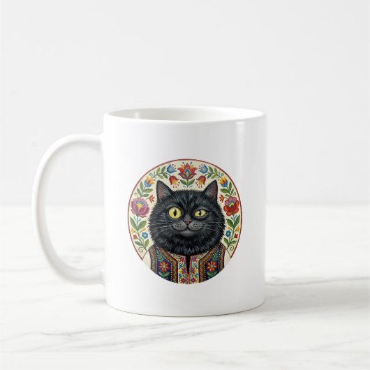 Balkan Folk Art Black Cat コーヒーマグカップ (左)