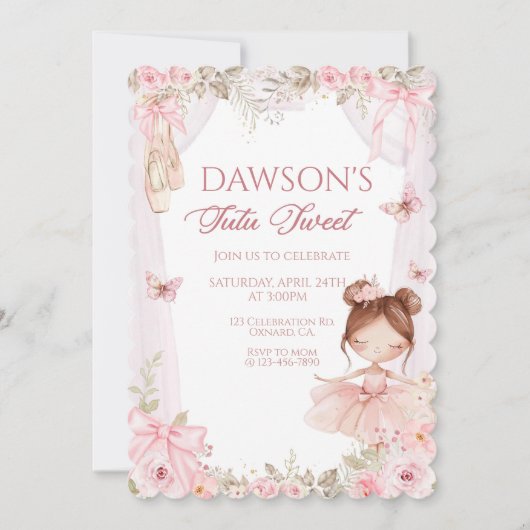 Ballerina Birthday, Tutu, Pink Tutu, Girl Birthday 招待状 (正面)