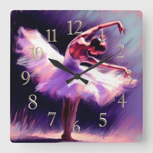 Ballerina Dancer Posing Pastel Drawing Purple Blue スクエア壁時計 (正面)