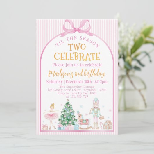 Ballerina Nutcracker Christmas Pink Bow Birthday 招待状 (スタンド正面)