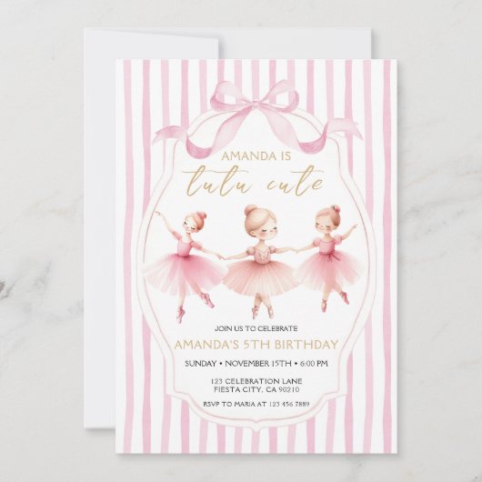  Ballerina Pink Bow Tutu Cute Birthday Invitation 招待状 (正面)