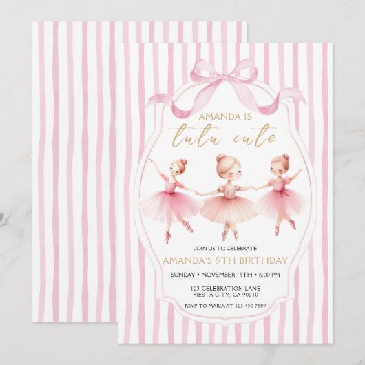  Ballerina Pink Bow Tutu Cute Birthday Invitation 招待状 (正面/裏面)