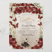 Ballerina,Tiara,Red Flowers  Quinceañera  招待状 (正面/裏面)