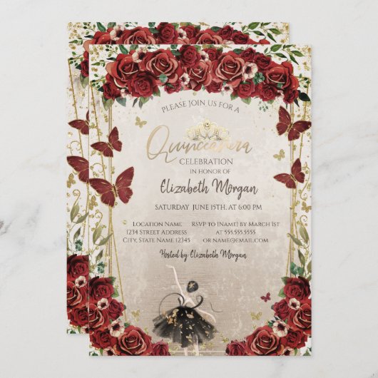 Ballerina,Tiara,Red Flowers  Quinceañera  招待状 (正面/裏面)