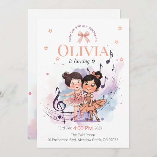 Ballet Birthday Invite – Twirl Party Theme 招待状 (正面/裏面)