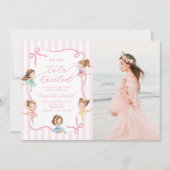 Ballet Pink Girls Bow Ballerina Baby Shower Photo 招待状 (正面)