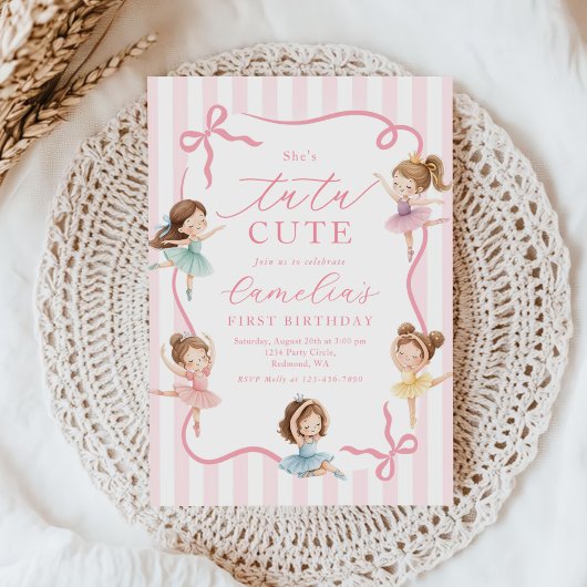 Ballet Pink Girls Bow Tutu Ballerina 1st Birthday 招待状