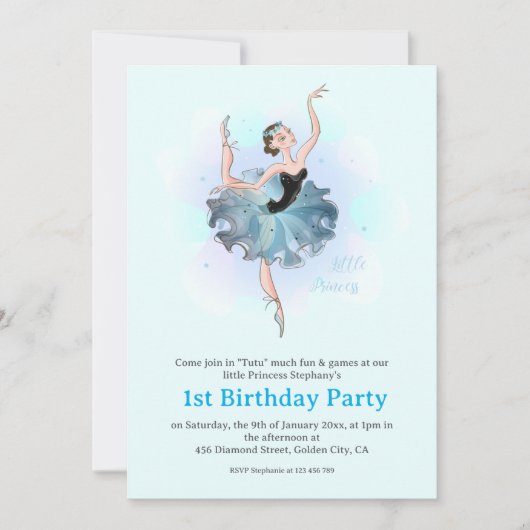 Ballet Princess 1st Birthday Pastel Illustration 招待状 (正面)
