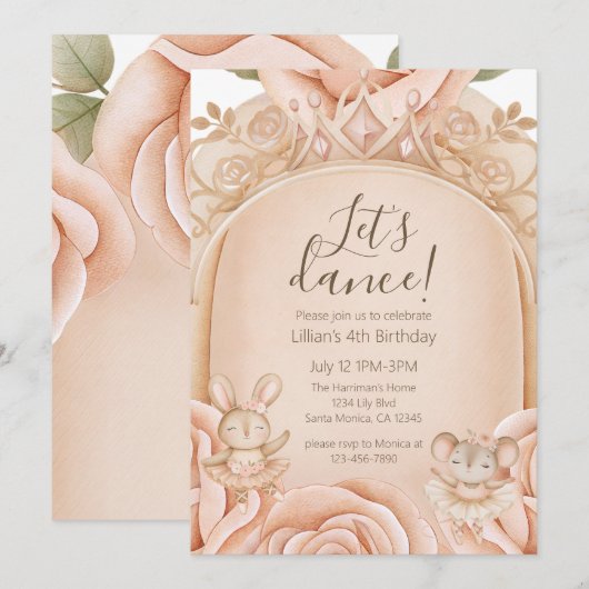 Ballet Princess Girls Fourth Birthday  招待状 (正面/裏面)