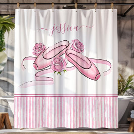 Ballet Shoes Pink and White Watercolor Stripes  シャワーカーテン