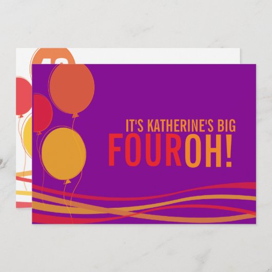Balloon 40th FOUROH！フォト誕生日招待状 招待状 (正面/裏面)