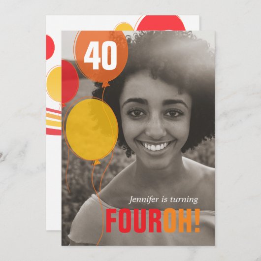 Balloon 40th FOUROH！フォト誕生日招待状 招待状 (正面/裏面)
