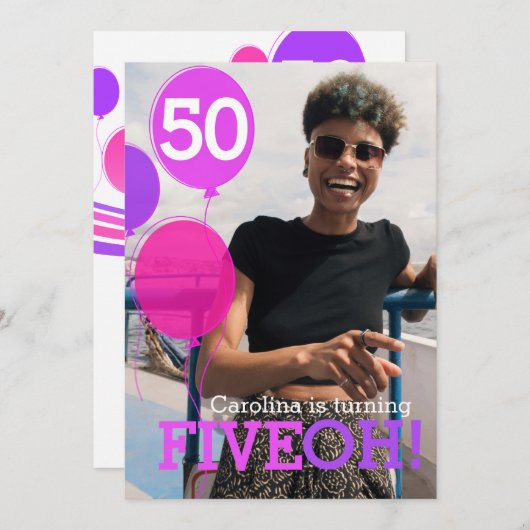 Balloon 50th FIVEOH！フォト誕生日招待状 招待状 (正面/裏面)