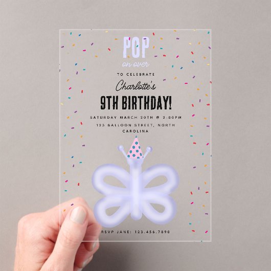 Balloon Animals Butterfly Kids Birthday Party アクリル招待状 (インサイチュ (ポータブル))