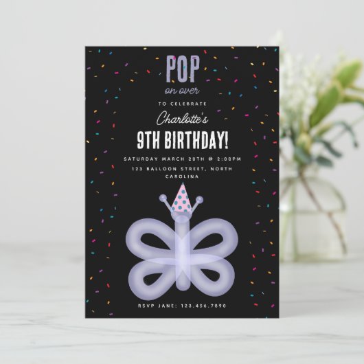 Balloon Animals Butterfly Kids Birthday Party 招待状 (スタンド正面)