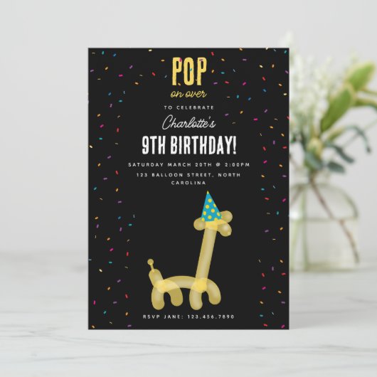 Balloon Animals Giraffe Kids Birthday Party Theme 招待状 (スタンド正面)