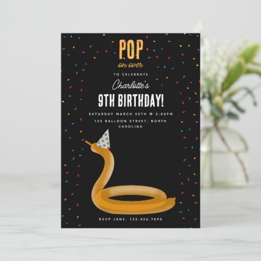 Balloon Animals Snake Kids Birthday Party Theme 招待状 (スタンド正面)