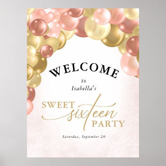 Balloon Arch Pink and Gold Sweet 16 Party Welcome ポスター (正面)