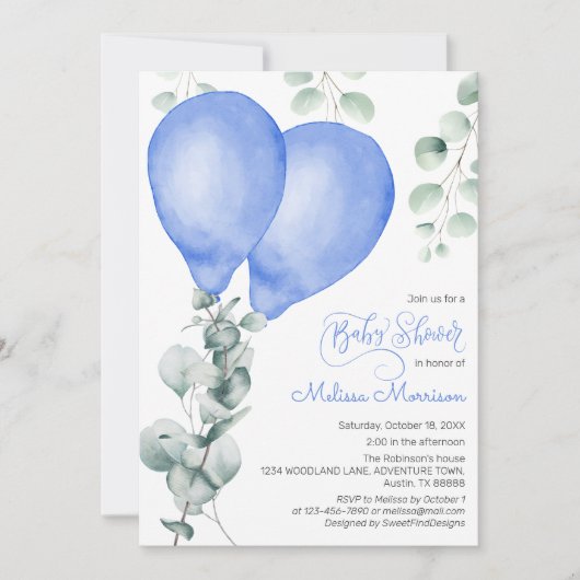 Balloon Baby Boy Shower 招待状 (正面)