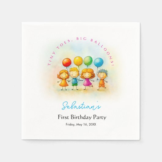 Balloon Buddies Bash Boy 1st Birthday Colorful スタンダードカクテルナプキン (正面)