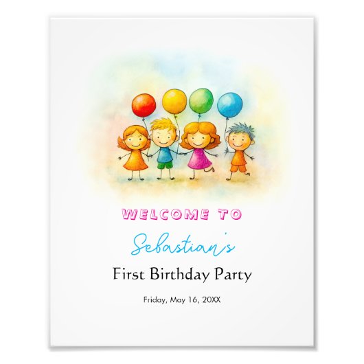 Balloon Buddies Bash Boy 1st Birthday Party Sign フォトプリント (正面)