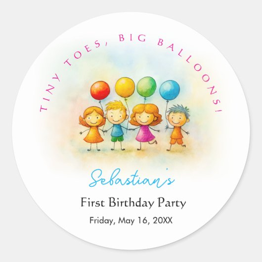 Balloon Buddies Bash Boy 1st Birthday Stickers Fun ラウンドシール (正面)