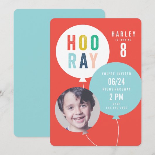 Balloon bunch kids photo birthday 招待状 (正面/裏面)