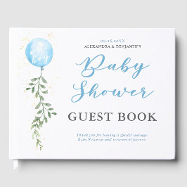 Balloon Soft Greenery Dusty Blue Boy Baby Shower ゲストブック