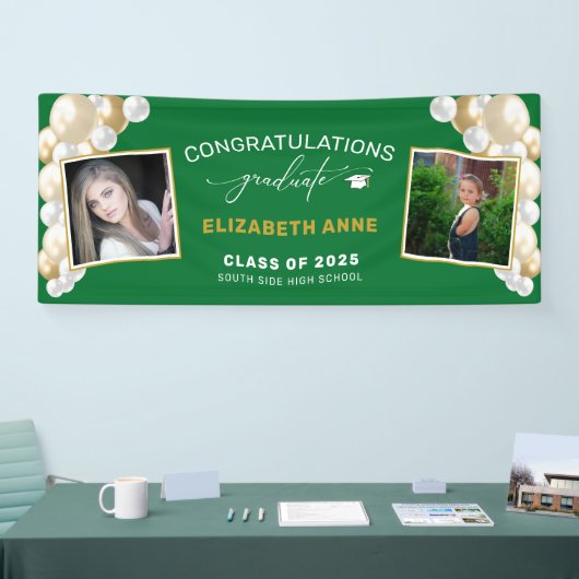 Balloons 2 Photos Green Congratulations Graduate 横断幕 (トレードショー)